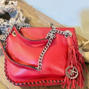 Michael Kors Whipped Chelsea Red Leather Shoulder Bag with Chain
